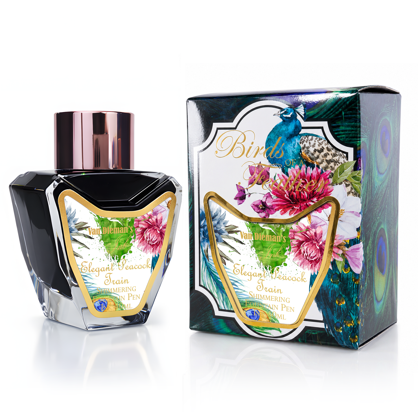 Van Dieman's Birds of a Feather - Elegant Peacock Train - 40ml Shimmering Fountain Pen Ink