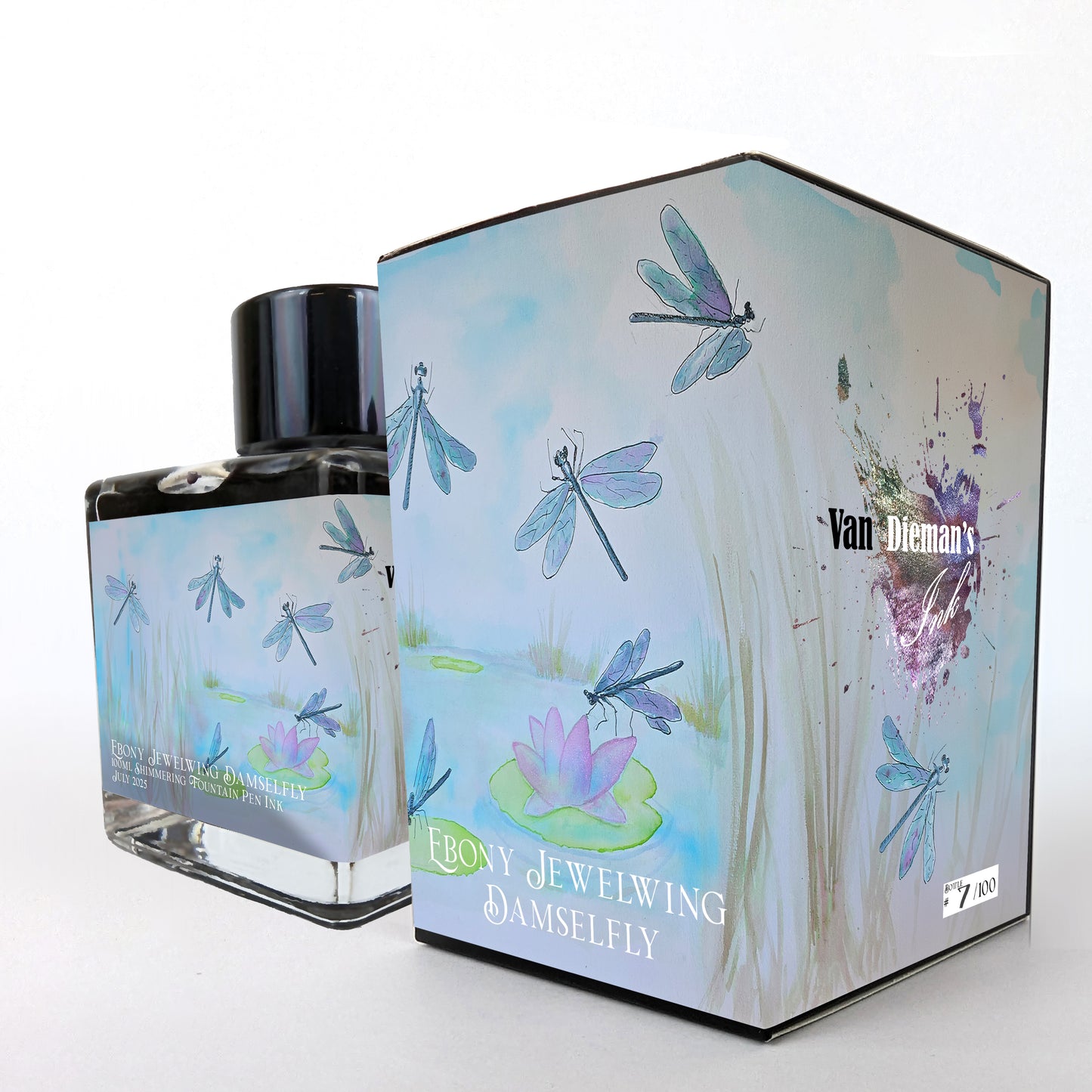 Van Dieman's 2025 July - Ebony Jewelwing Damselfly - 100ml Shimmered Fountain Pen Ink